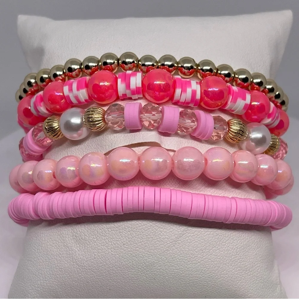 NWT! Fashion Jewelry 5 pink and gold beaded stackable stretch bracelets